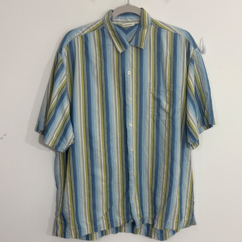Tommy Bahama Mens Shirt Large Blue Silk Striped Resort Vacation Cruise Tropical